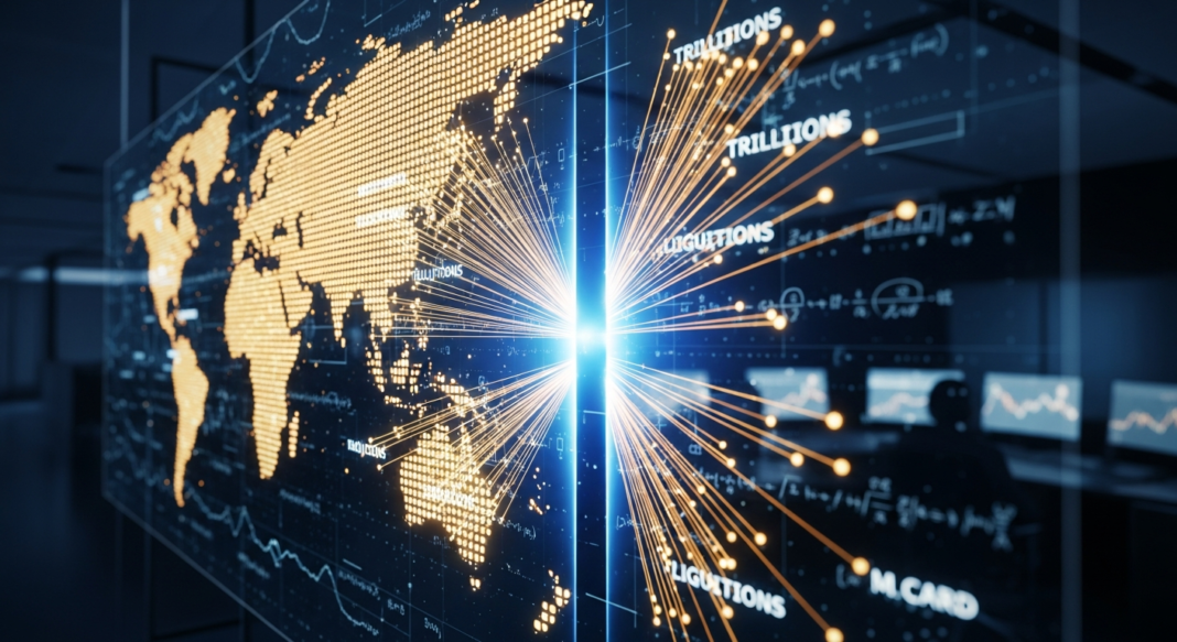 A digital world map made of orange dots on a futuristic screen with radiating data lines and financial text.