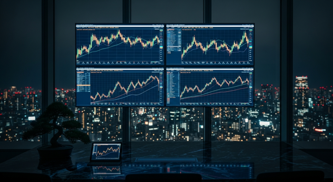 file-71.png-71 Four digital monitors displaying stock market candlestick charts against a blurred nighttime city skyline background.