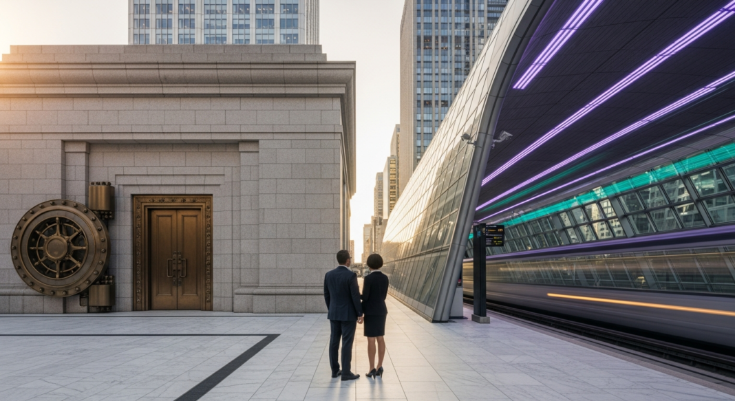 file-72.png-72 Two business professionals stand between a stone vault building and a futuristic neon-lit train station.