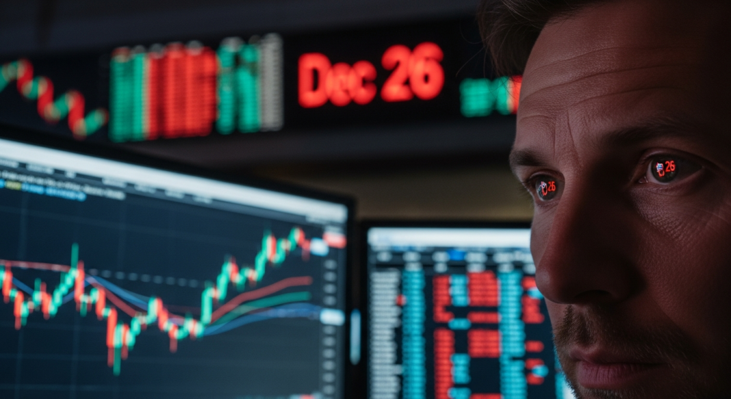 file-73.png-73 Close-up of a man intently monitoring stock market charts with a ticker board reflection in his eyes.