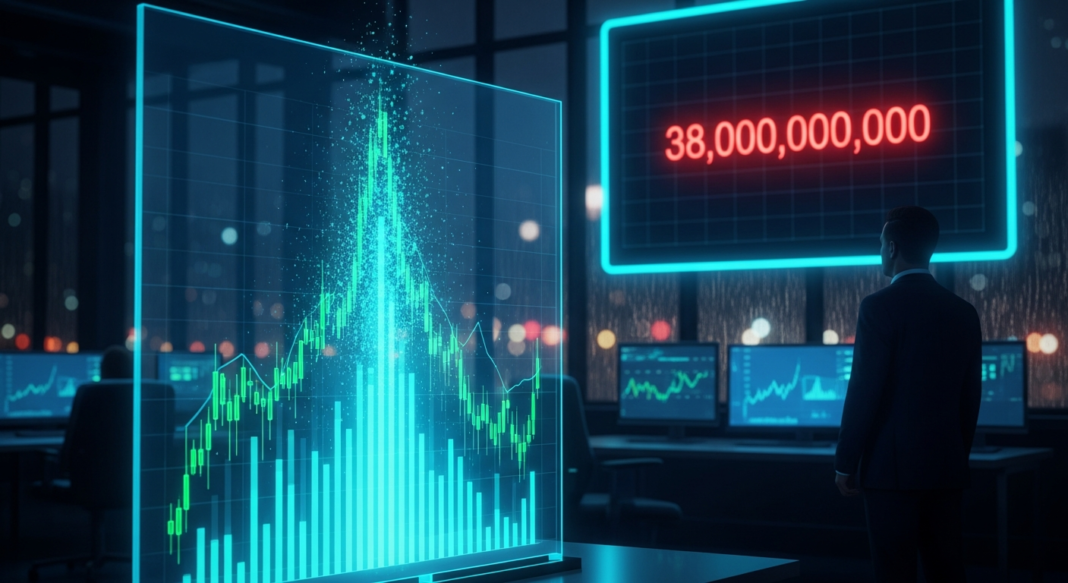 A man in a suit views a glowing holographic financial chart and a large display showing thirty-eight billion.
