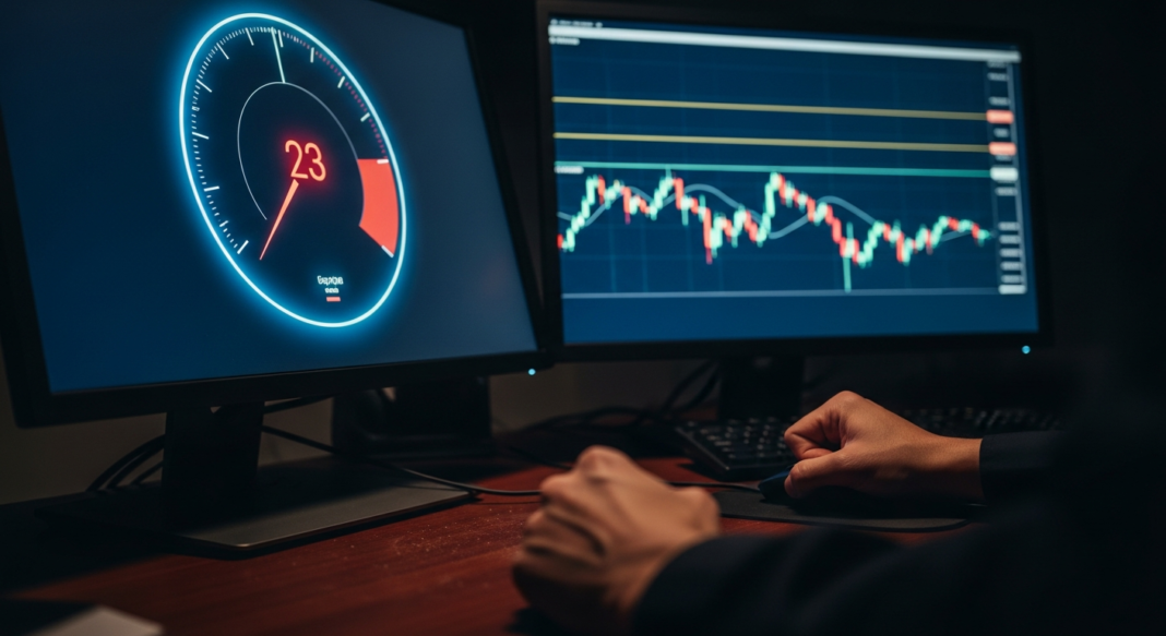 Person's hand using a mouse in front of dual monitors showing a speedometer gauge and a financial candlestick chart.