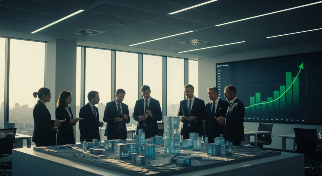 Business professionals in suits stand around a glowing miniature city model in a modern office boardroom.