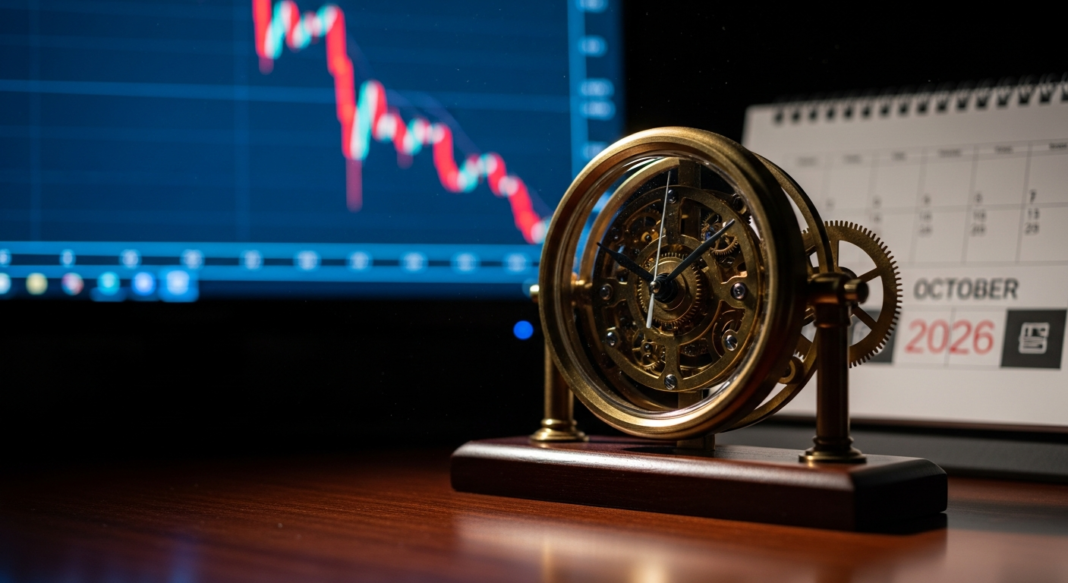 file-77.png-77 Brass mechanical desk clock in front of a falling stock market chart and an October 2026 calendar.