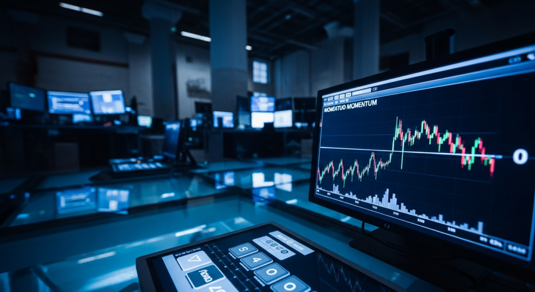 file-79.png-79 Close-up of a financial candlestick chart on a computer monitor in a dark, high-tech trading room.