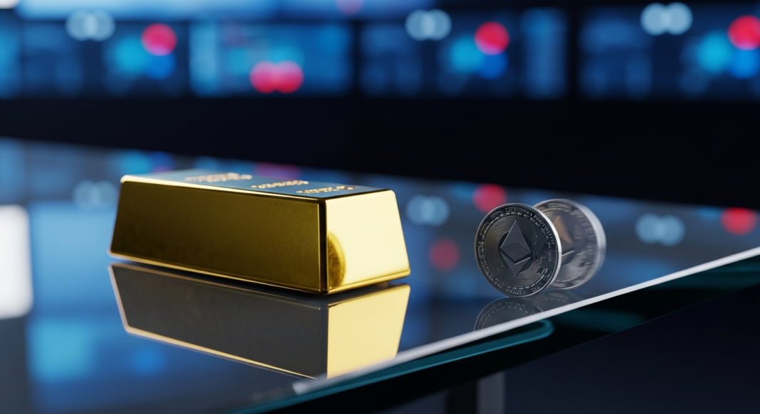 file-8.png-8 A gold bar and silver Ethereum coins on a reflective surface with a blurred financial background.