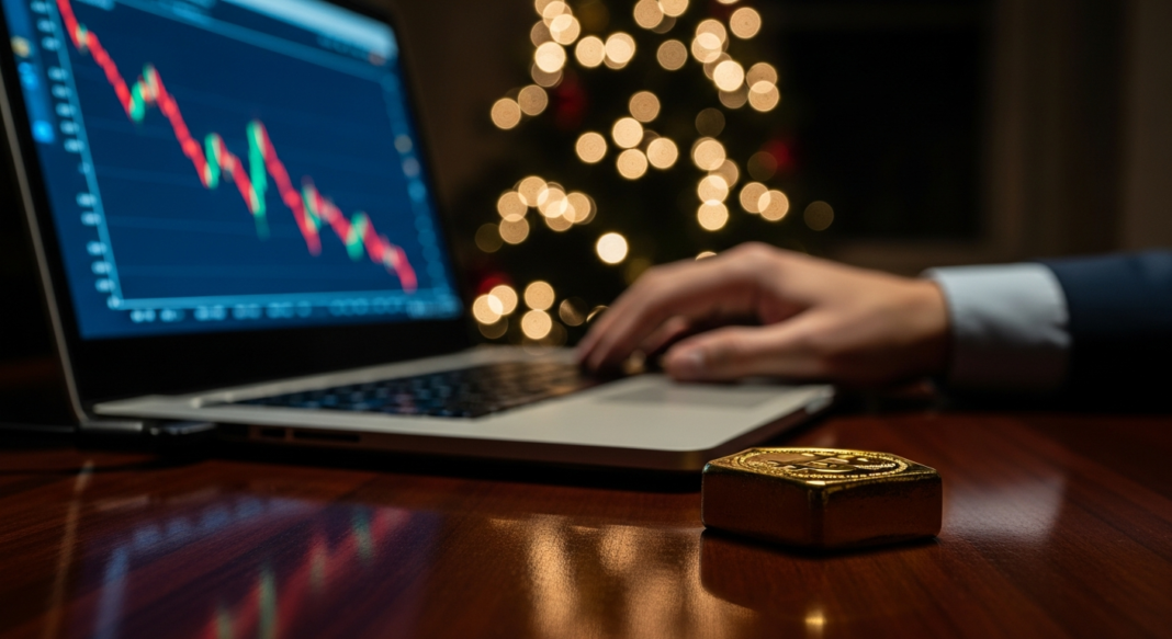 A person monitors a declining stock chart on a laptop screen near a physical gold coin and festive holiday lights.