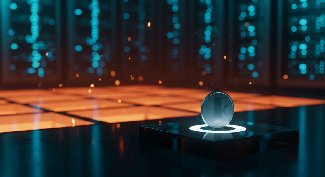 file-82.png-82 Silver cryptocurrency coin with a 'K' logo standing on a glowing platform in a server room.