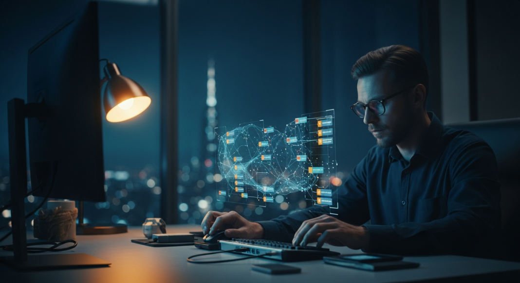 Man in glasses uses a holographic data interface at a desk in a dark high-rise office at night.