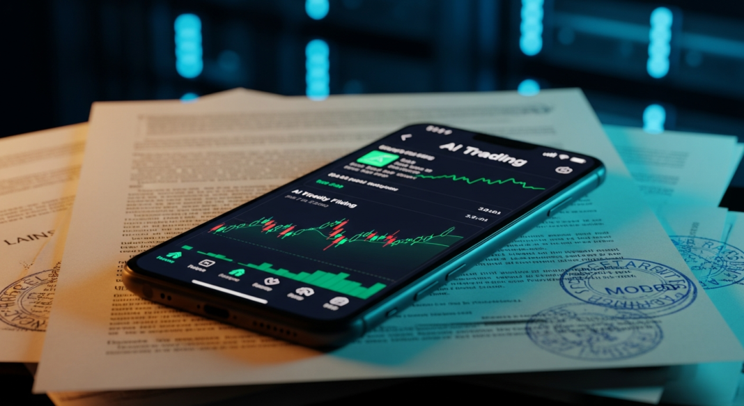 Smartphone displaying an AI Trading app with financial charts, resting on stamped documents in a server room.