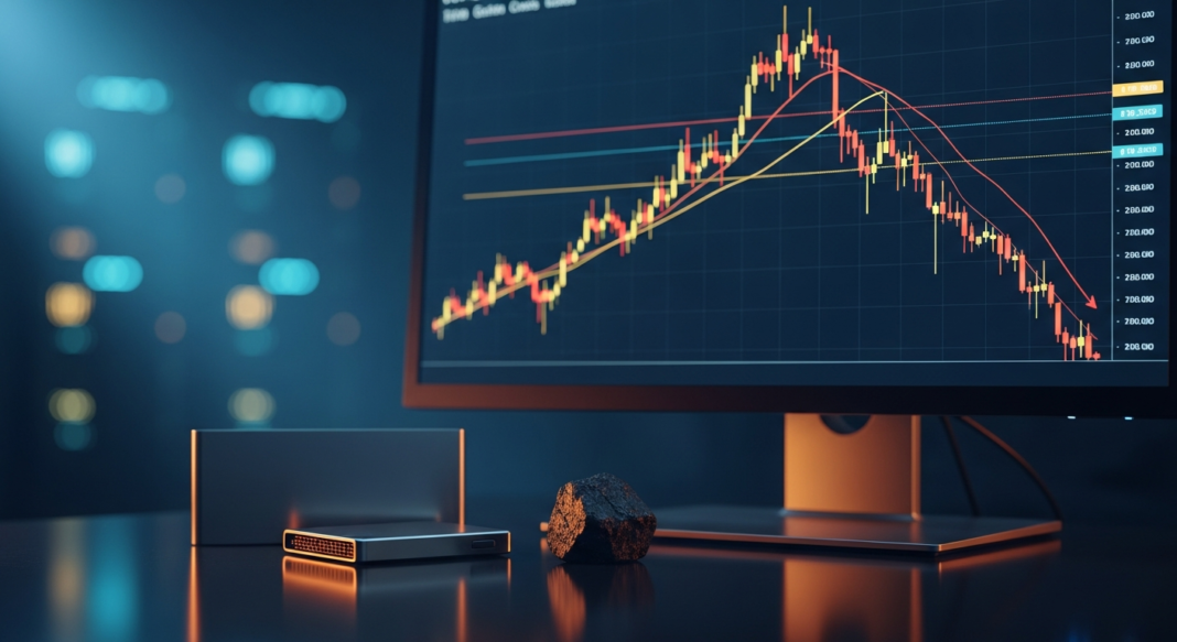 Computer monitor displaying a declining stock market candlestick chart on a dark, modern desk.