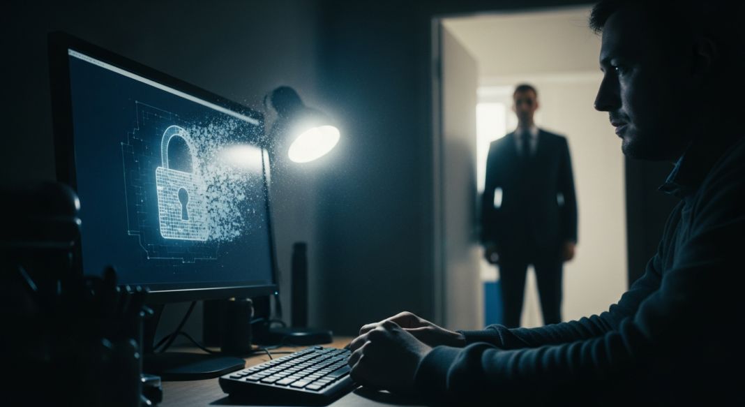 Man at a computer with a disintegrating digital padlock icon as a man in a suit stands in a doorway behind him.