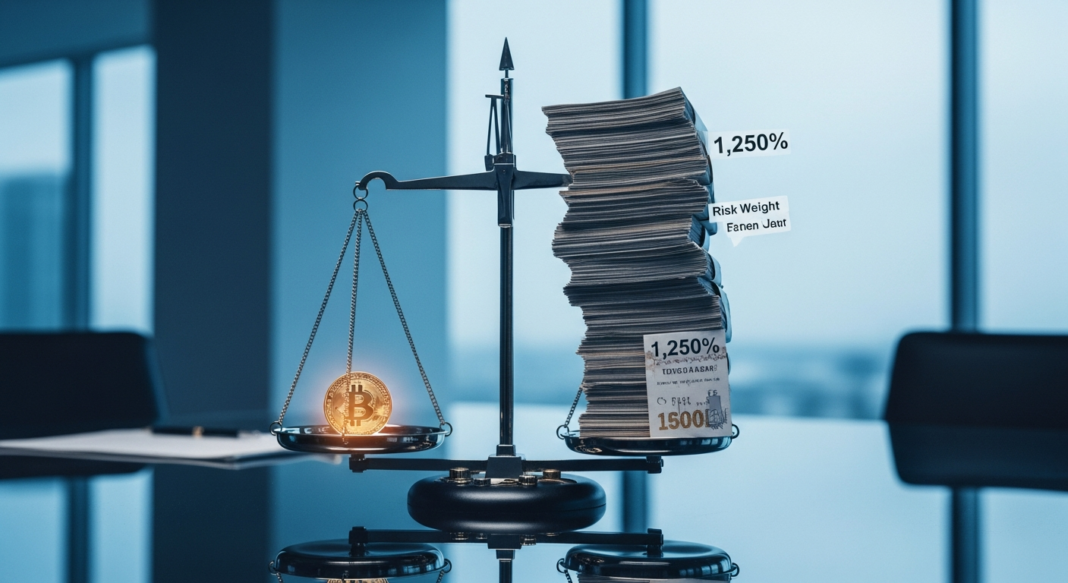 A scale balancing a single glowing Bitcoin against a massive stack of papers labeled with a 1,250% risk weight.