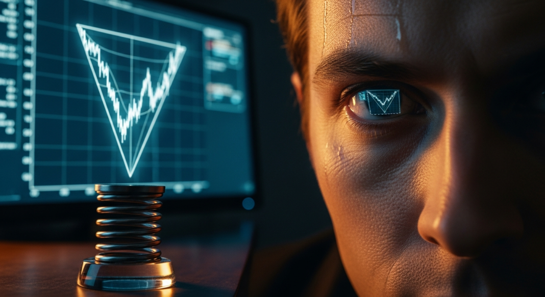 Close-up of a man's sweating face reflecting a volatile stock chart in his eye, with a metal spring in the foreground.