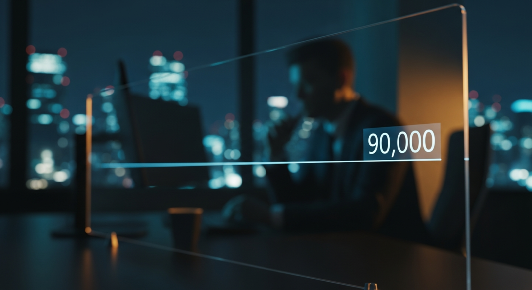 file.png Holographic display showing 90,000 over a blurred office background with city lights at night.