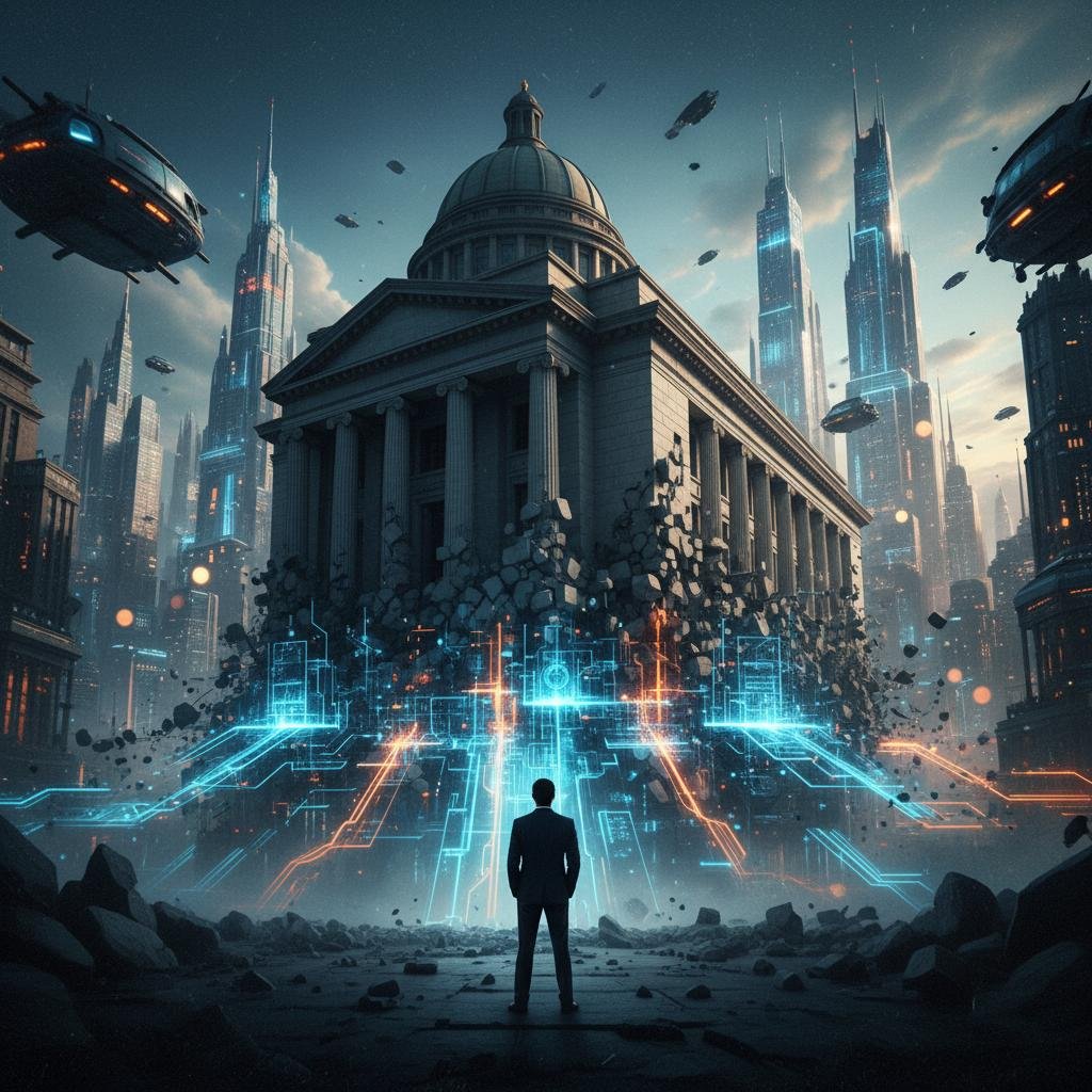 Man watching a classical building deconstruct into digital circuits in a futuristic city.