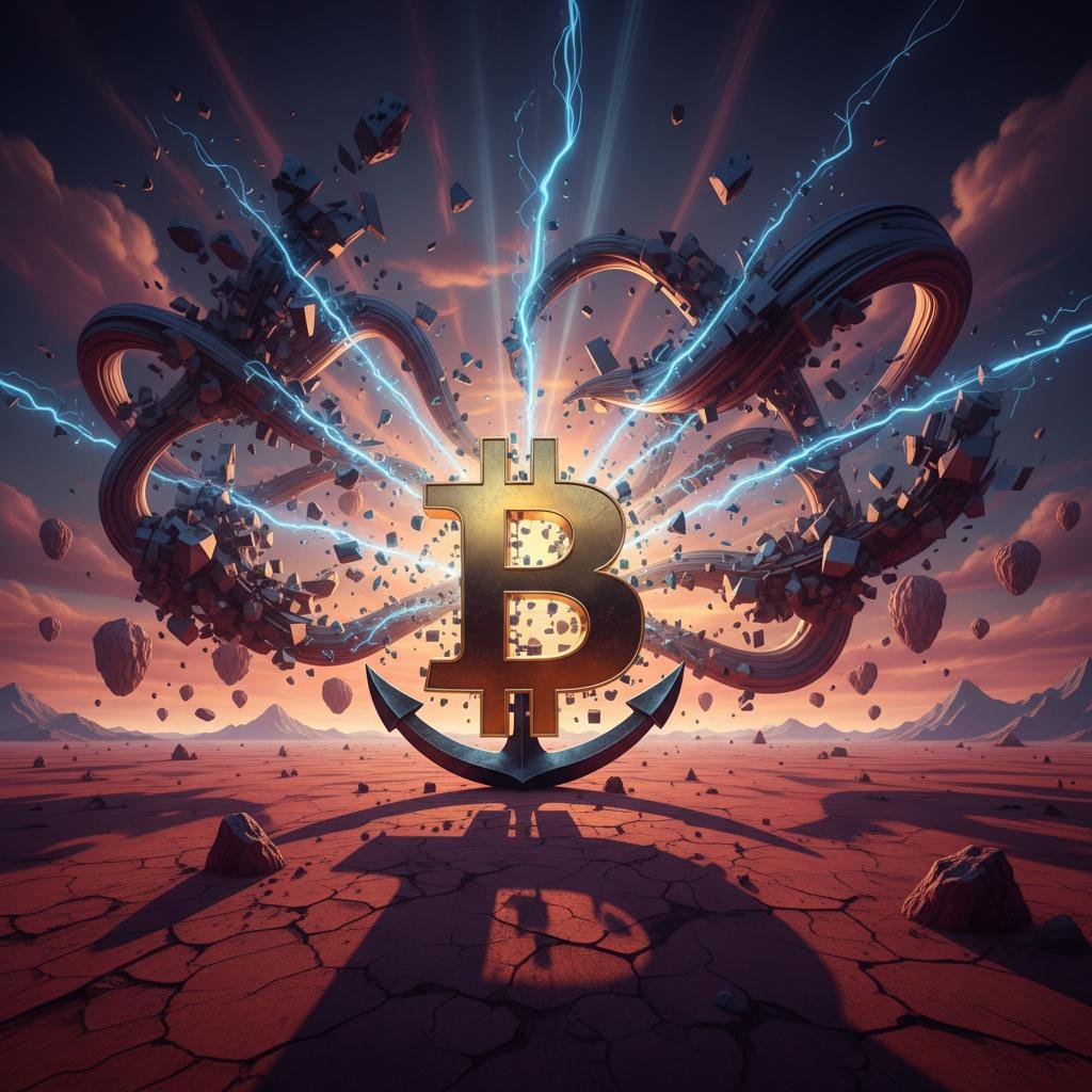 Golden Bitcoin symbol on an anchor amidst lightning and swirling fragments in a cracked desert landscape.