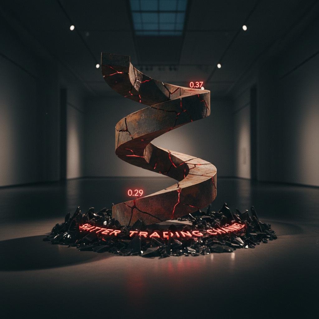 Cracked spiral sculpture with red glow and numbers 0.29, 0.37, on a shattered base in a dark gallery.