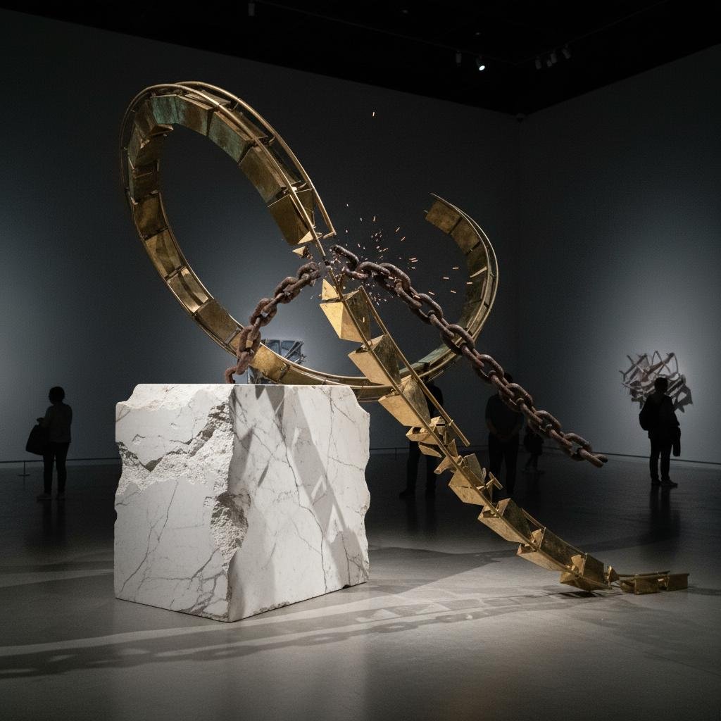 Broken golden ring sculpture with a rusted chain, sparks flying, on a rough marble block in a dim gallery.