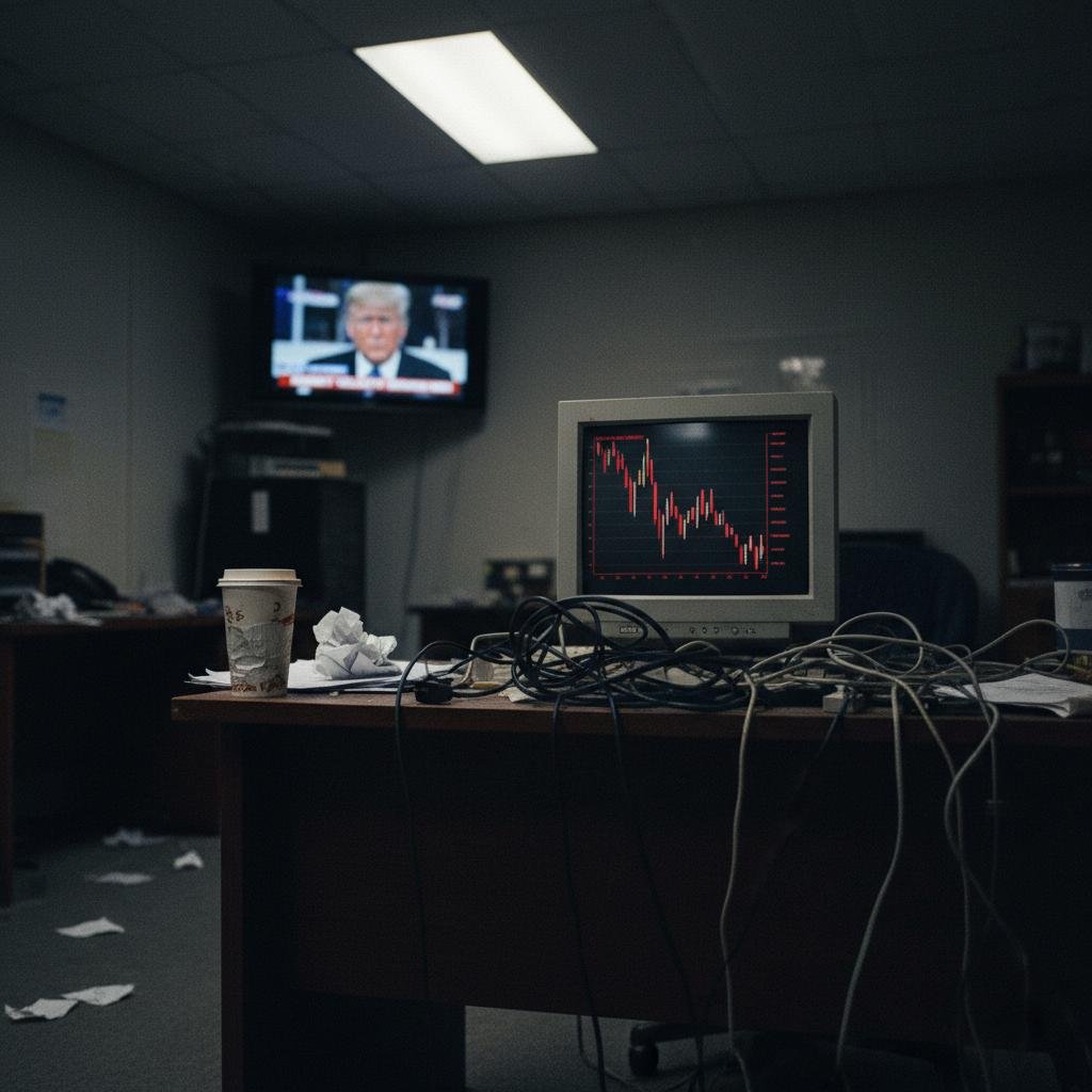 Vintage monitor displays a red downward stock chart; a TV in background shows Donald Trump speaking.