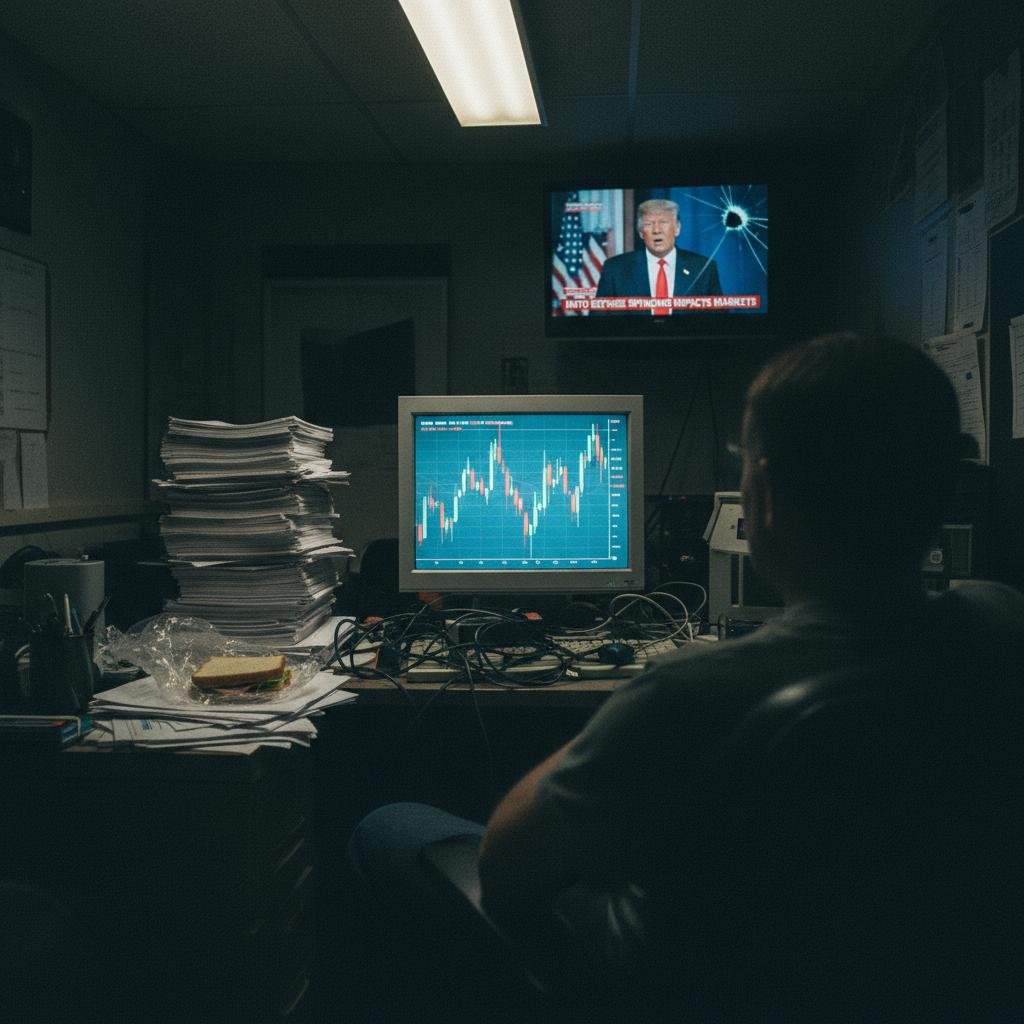 Man monitors a financial chart on a computer and a news broadcast featuring Donald Trump on a TV screen in a dark office.