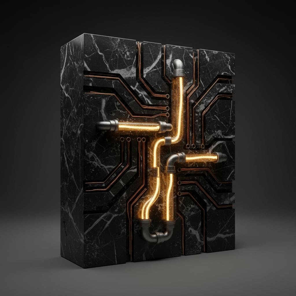 image.jpeg-102 Black marble block with glowing orange pipes and copper circuit lines.