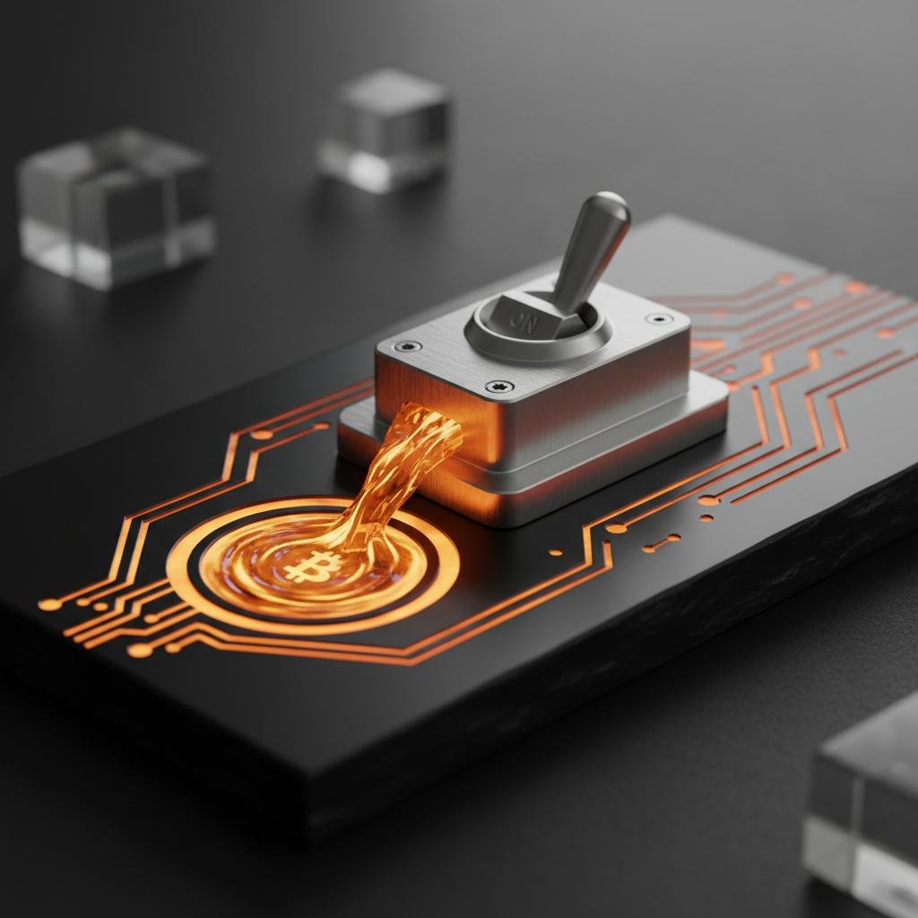 Toggle switch activating golden liquid with Bitcoin symbol on circuit board.
