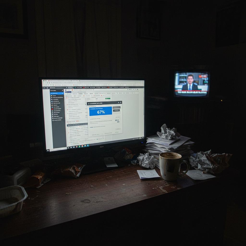 Computer monitor displaying data, television showing news, and a coffee mug on a desk in a dark room.
