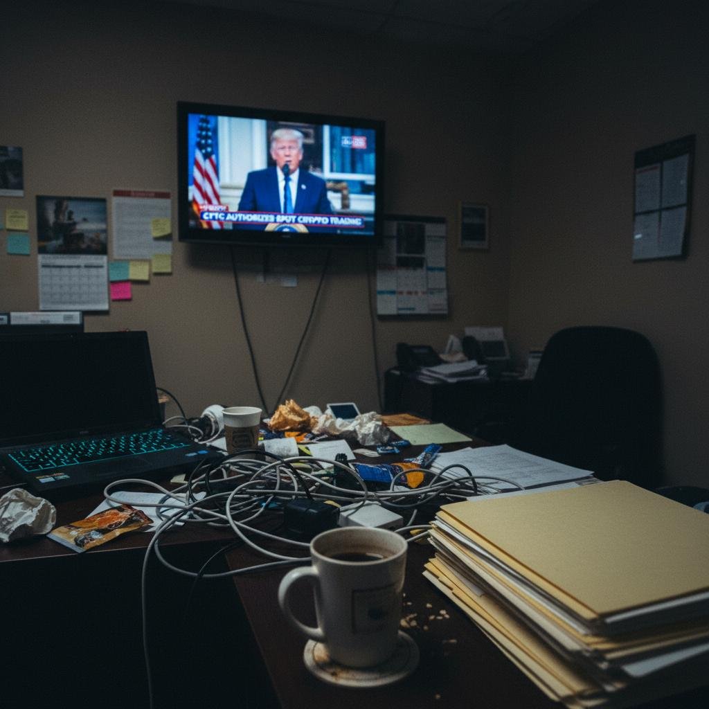 image.jpeg-108 Cluttered office desk with a laptop, coffee cup, and a TV showing a news broadcast about crypto trading.