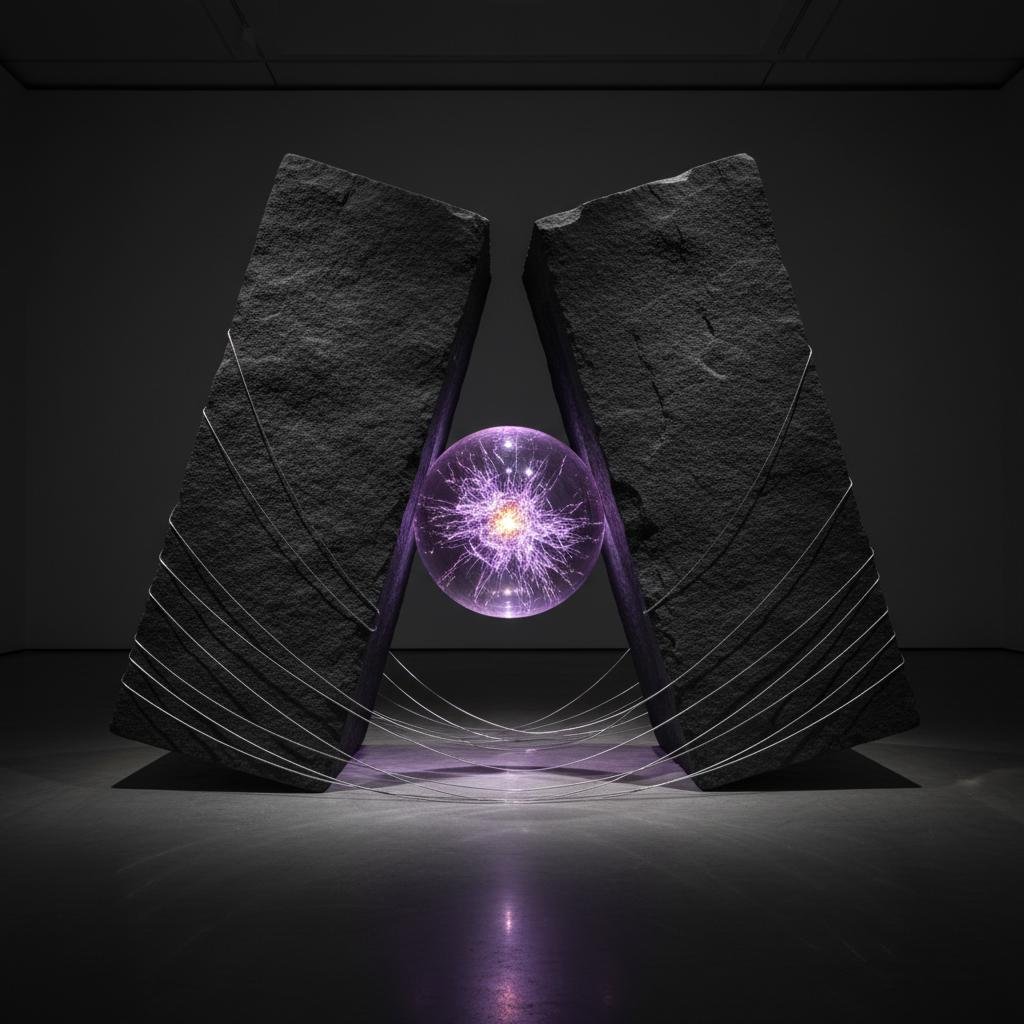 Plasma sphere with purple lightning between two dark stone slabs connected by wires.