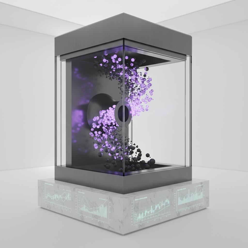 Glass display case with a funnel-like structure emitting glowing purple and dark spheres onto a marble base with financial graphs.