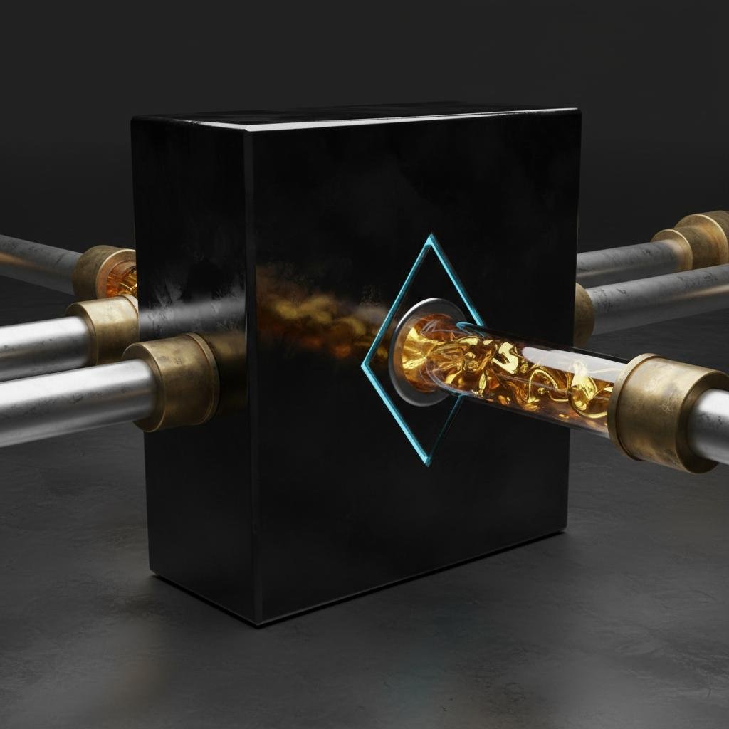 Black cube with glowing blue diamond cutout, metallic pipes, and a tube flowing with golden particles.