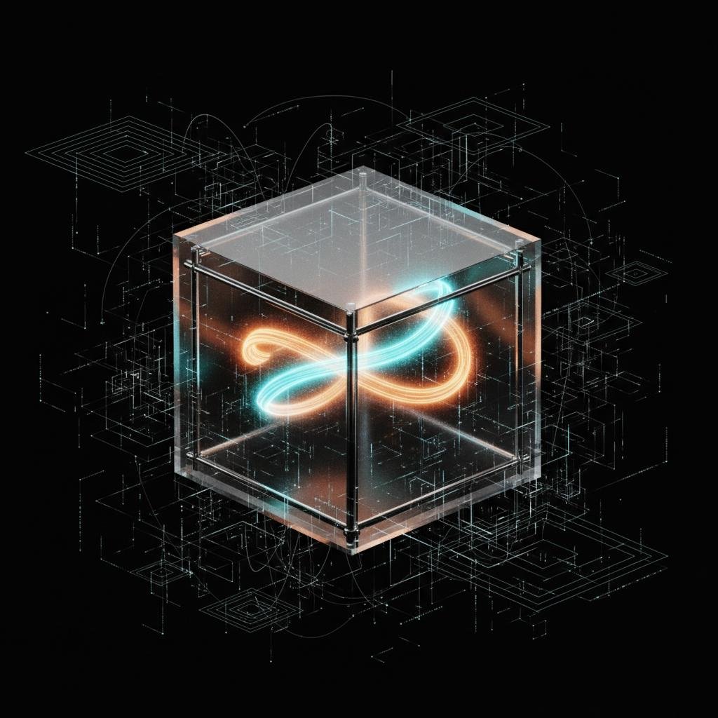 Glowing orange and blue intertwined ribbons inside a transparent cube with a digital network background.
