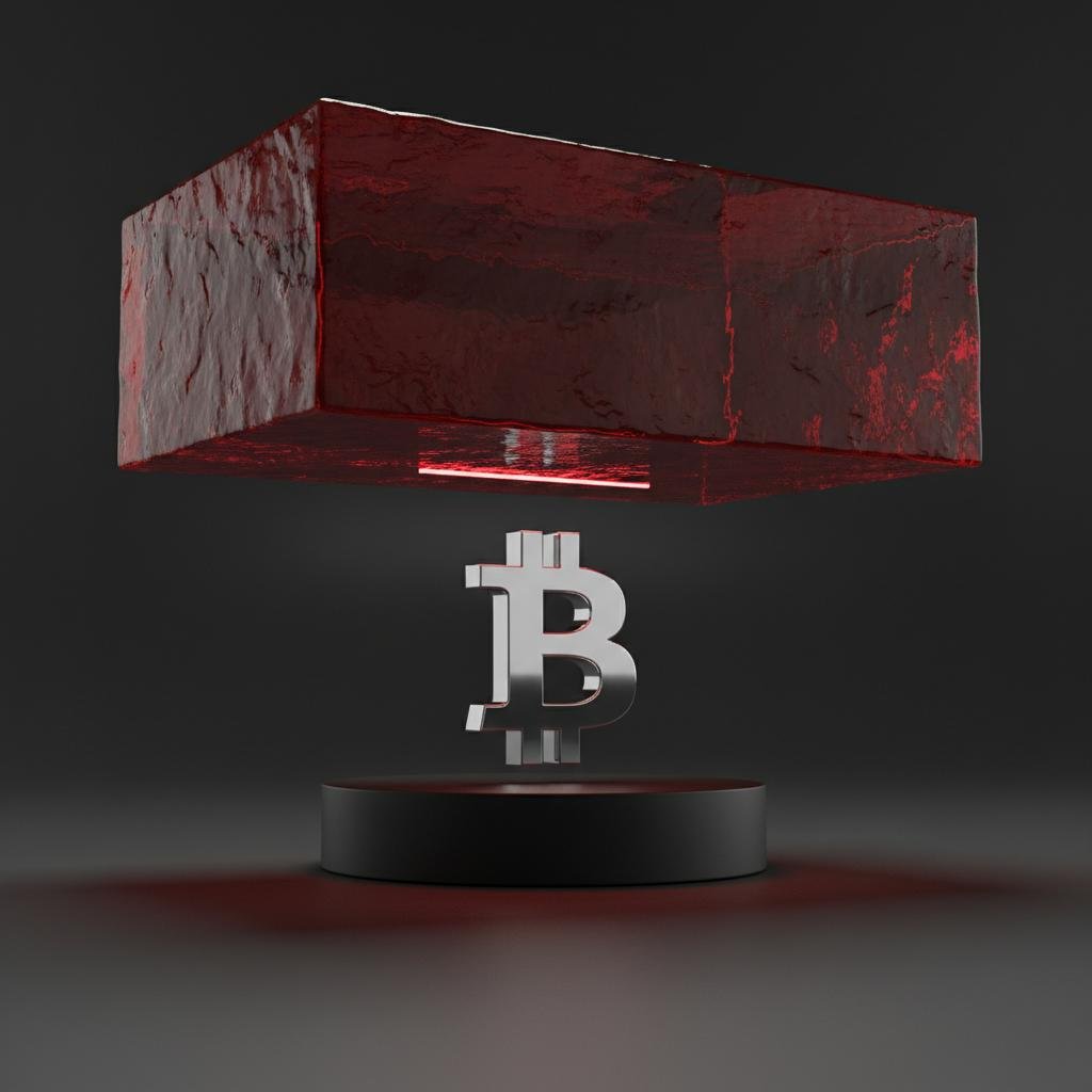 image.jpeg-114 Silver Bitcoin symbol floating above black pedestal, beneath glowing red textured block.