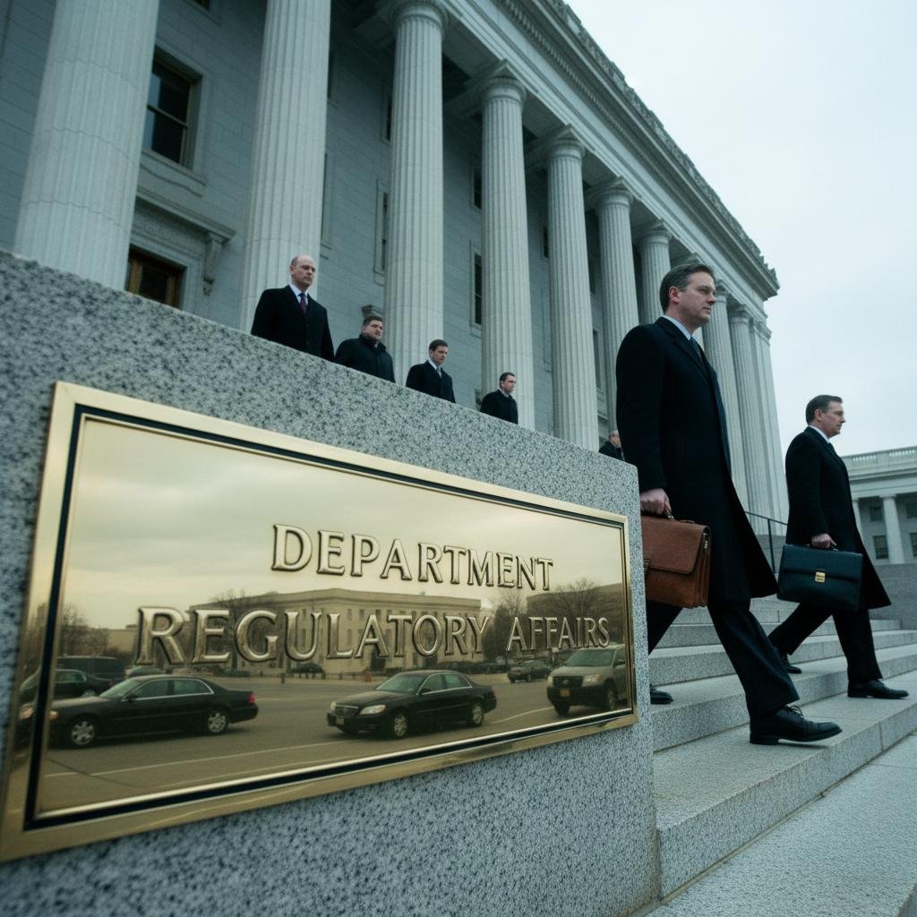 Men in suits with briefcases descending steps in front of a 'DEPARTMENT REGULATORY AFFAIRS' plaque.