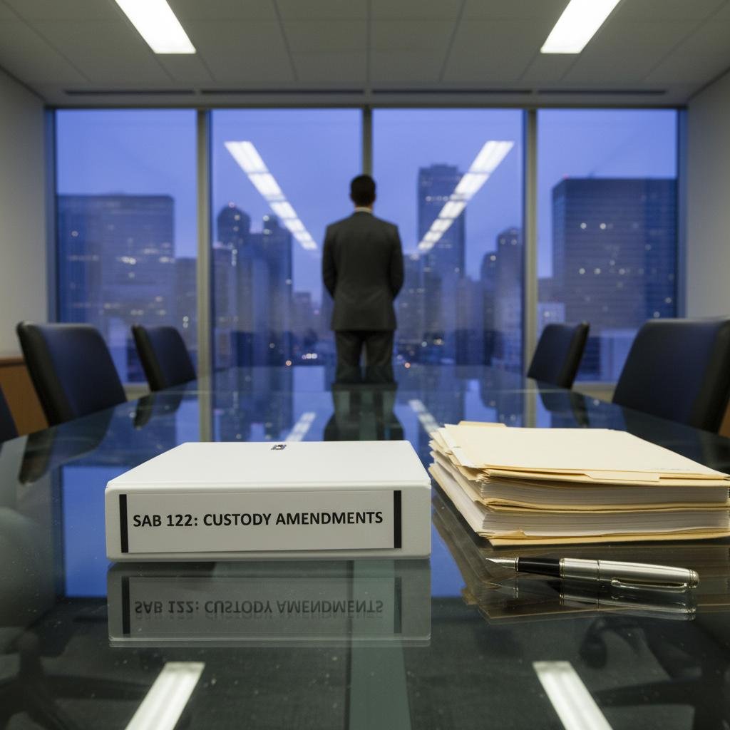 Man in suit stands at a conference table, looking out a window at a city skyline, with a binder and folders on the table.