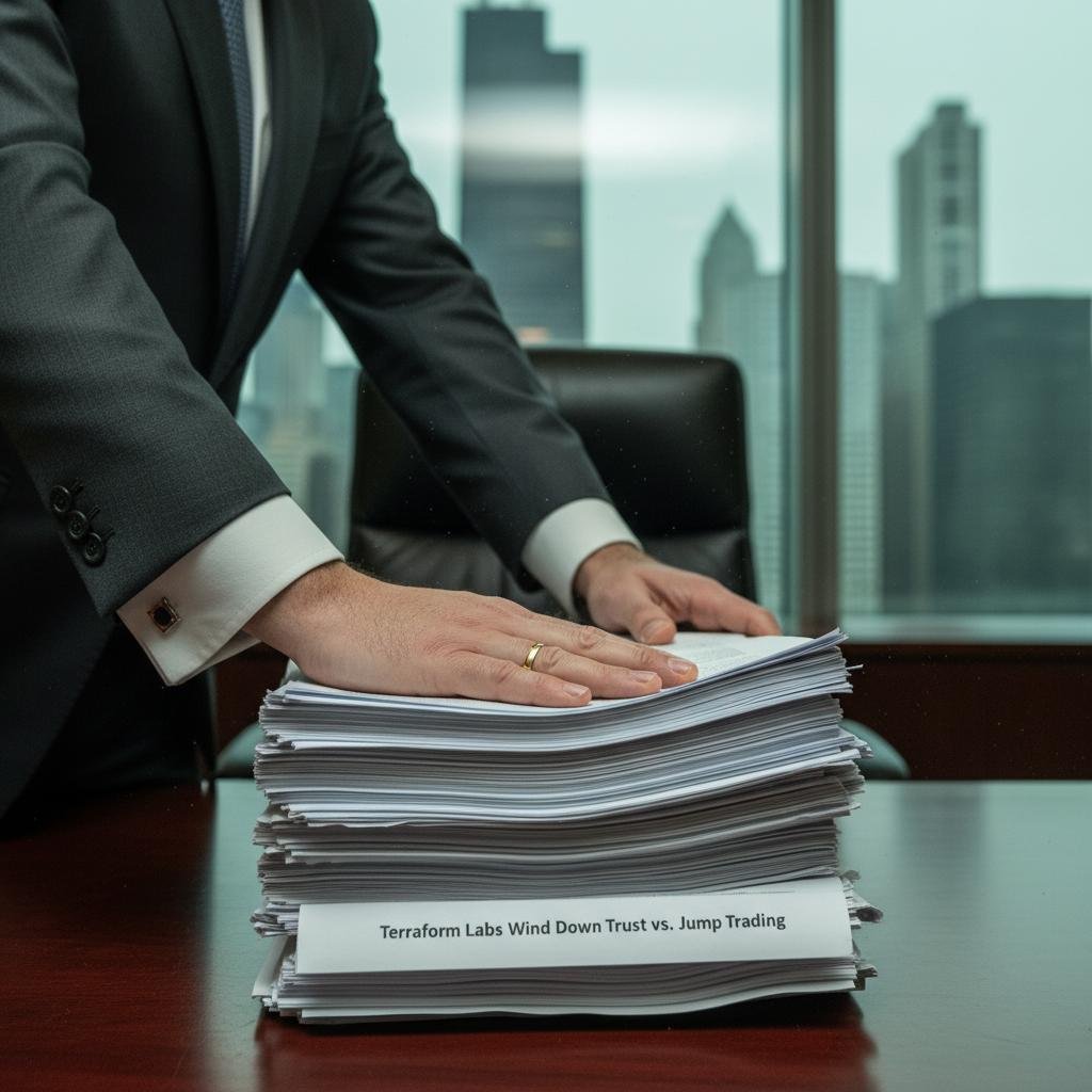Man in a suit places hands on a stack of documents labeled 'Terraform Labs Wind Down Trust vs. Jump Trading'.