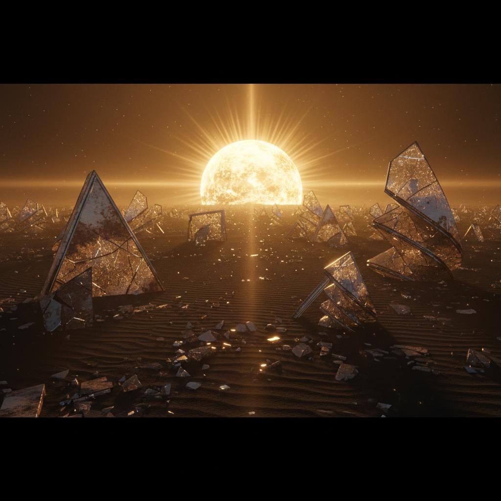 image.jpeg-118 Radiant orb rising over a desolate, dark landscape filled with shattered reflective fragments and sand dunes.