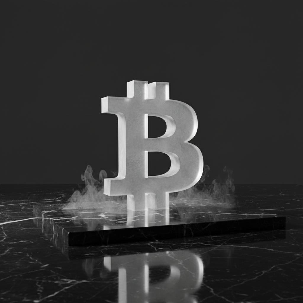Bitcoin symbol on a marble surface with smoke