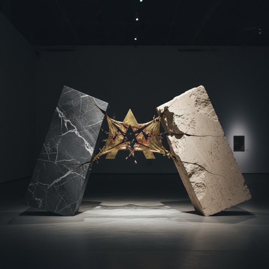 Gold star object held between two cracked stone slabs