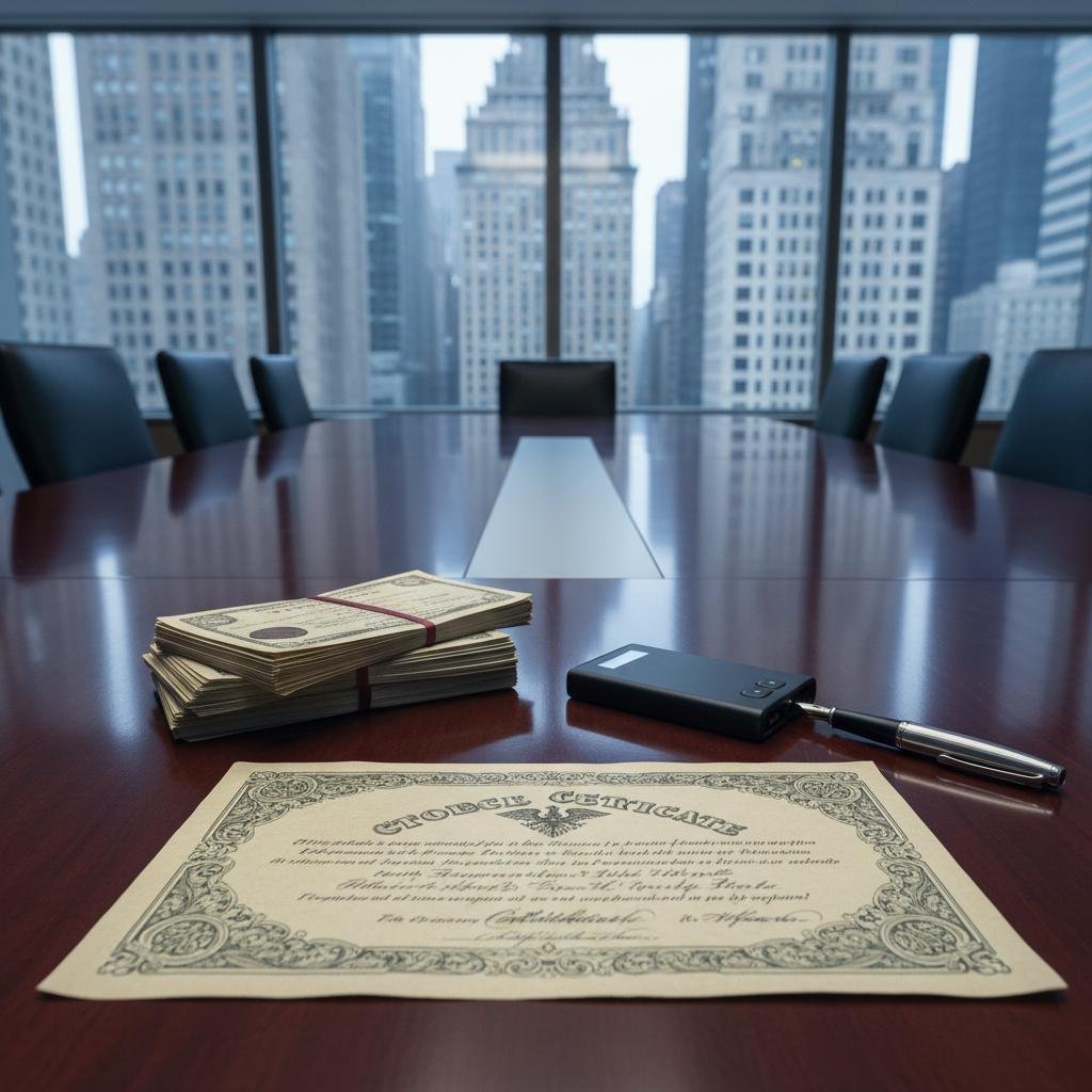Vintage stock certificates, a voice recorder, and a pen on a boardroom table overlooking a city.