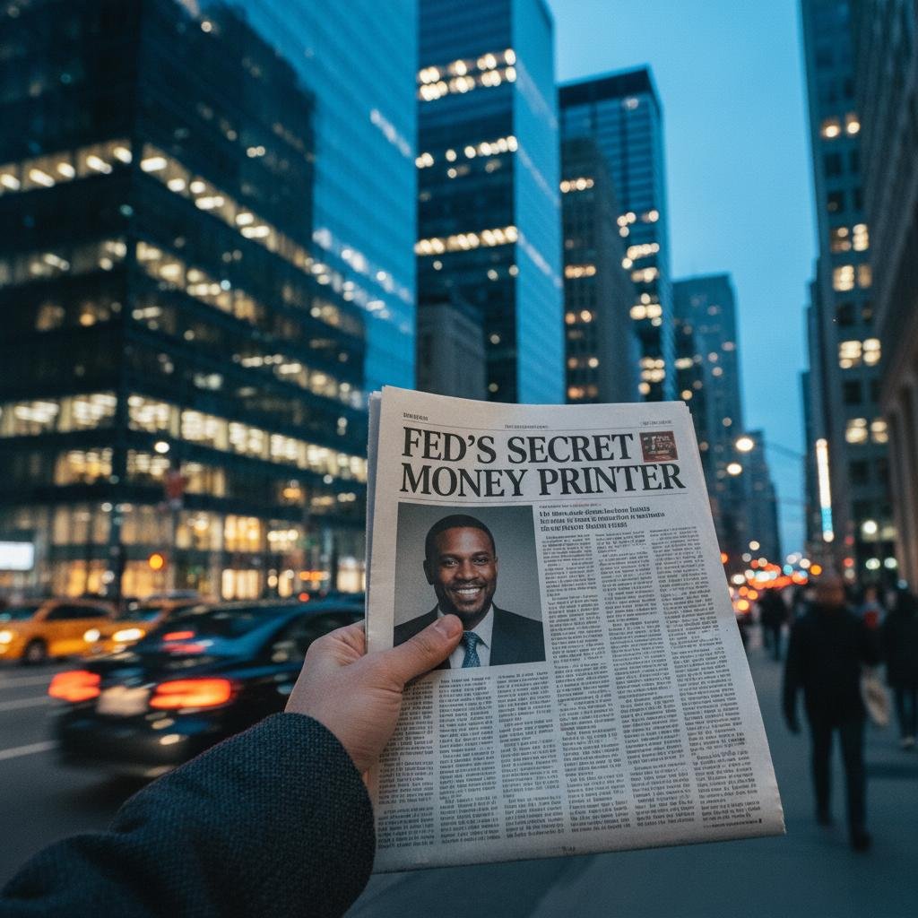 image.jpeg-121 Hand holding a newspaper with 'FED'S SECRET MONEY PRINTER' headline in a city street at dusk.