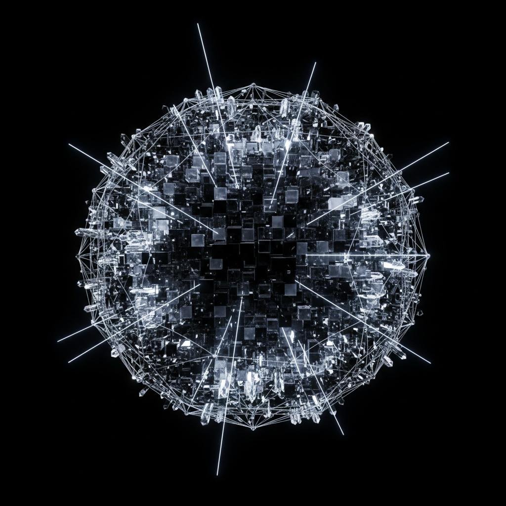 Abstract spherical structure with glowing lines, reflective cubes, and crystalline elements on black.