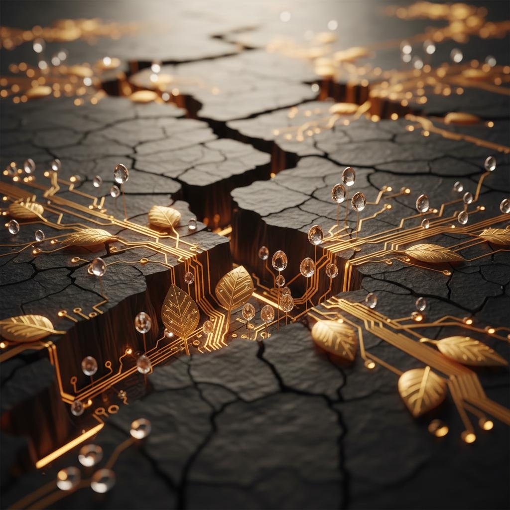 Golden circuits and leaves growing from cracked dark earth, adorned with clear droplets.