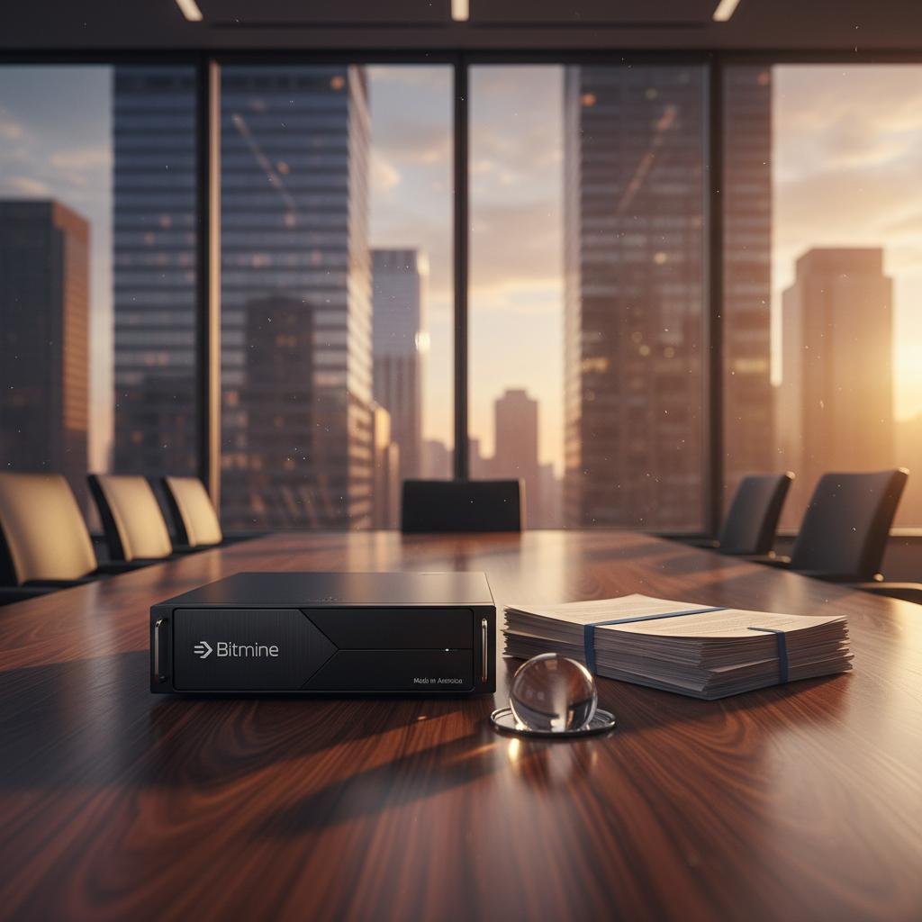 Black Bitmine device on a polished conference table, with city skyscrapers and a sunset visible through large windows.