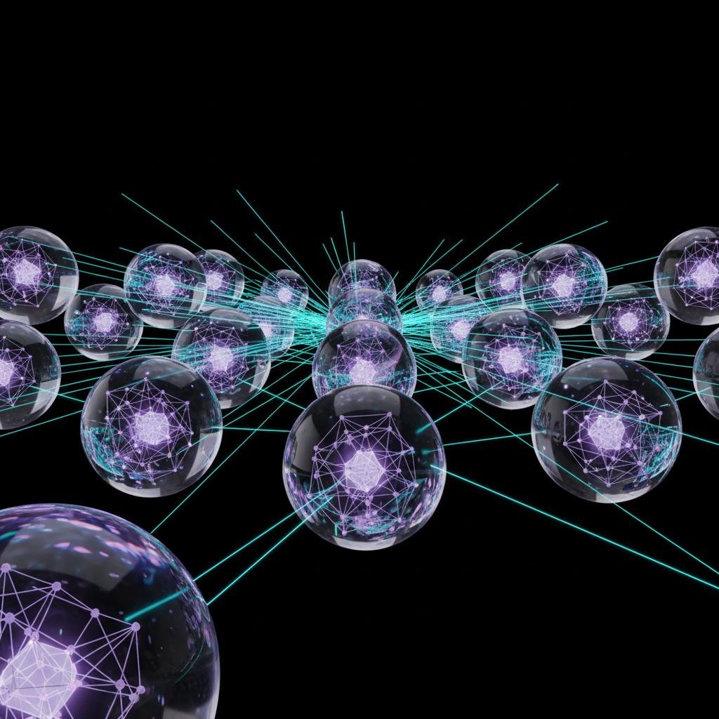image.jpeg-128 Network of glowing purple spheres connected by blue lines on a black background.