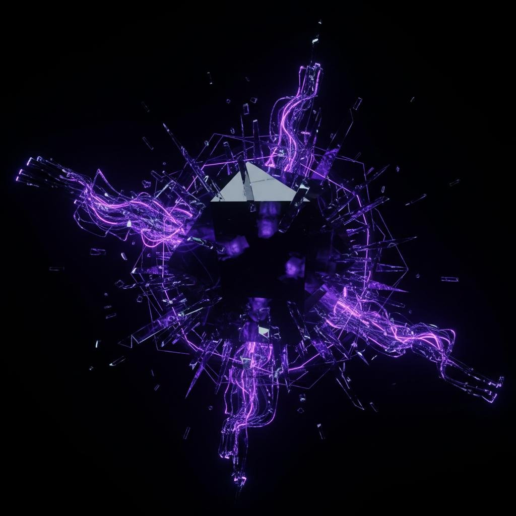 Abstract dark core with purple glowing lines and shattered crystalline fragments.