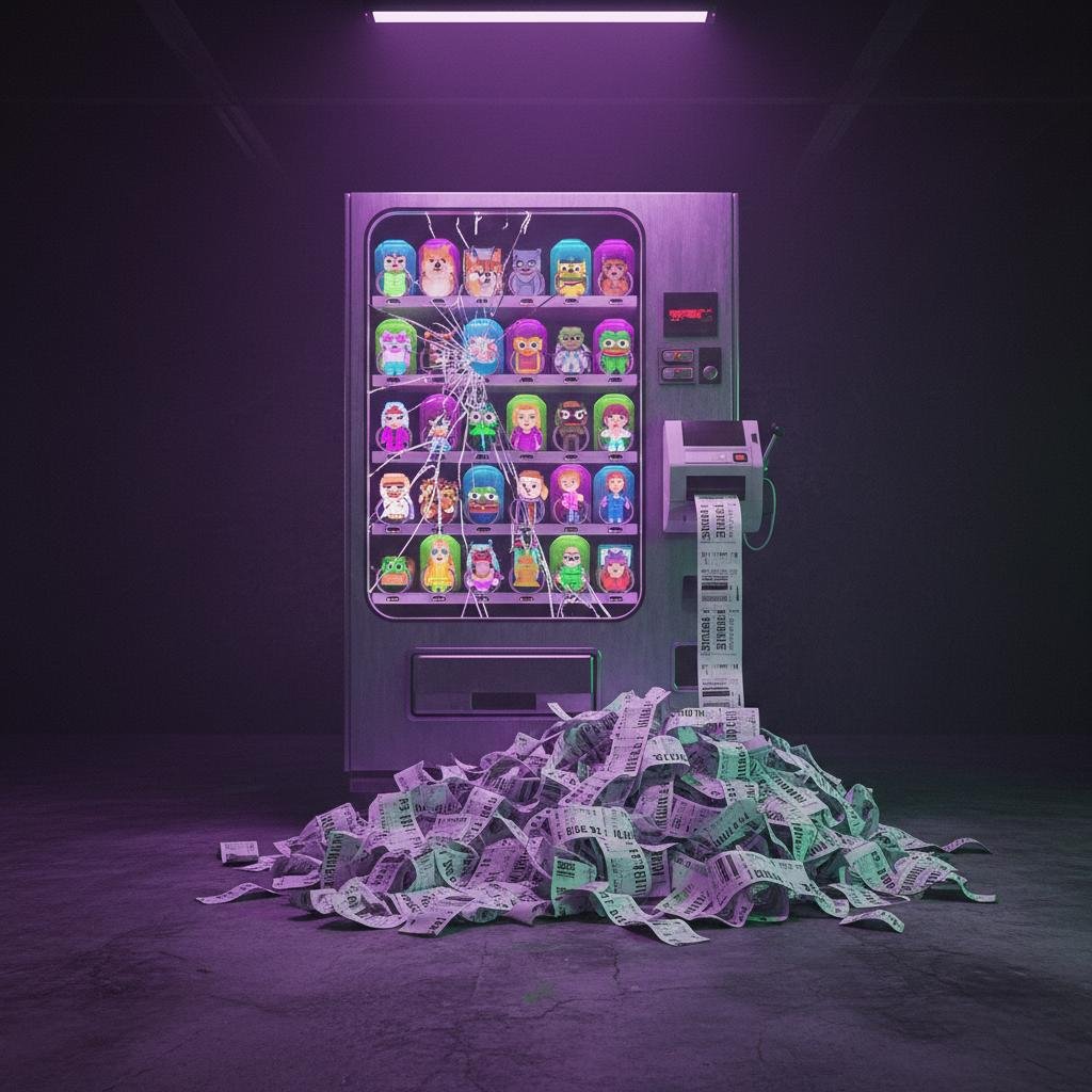 Vending machine with a shattered screen displaying pixelated figures and overflowing with receipts.