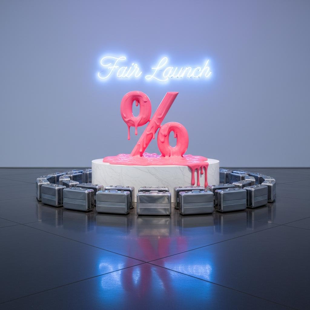 Melting pink percentage symbol on a white pedestal surrounded by briefcases, under a 