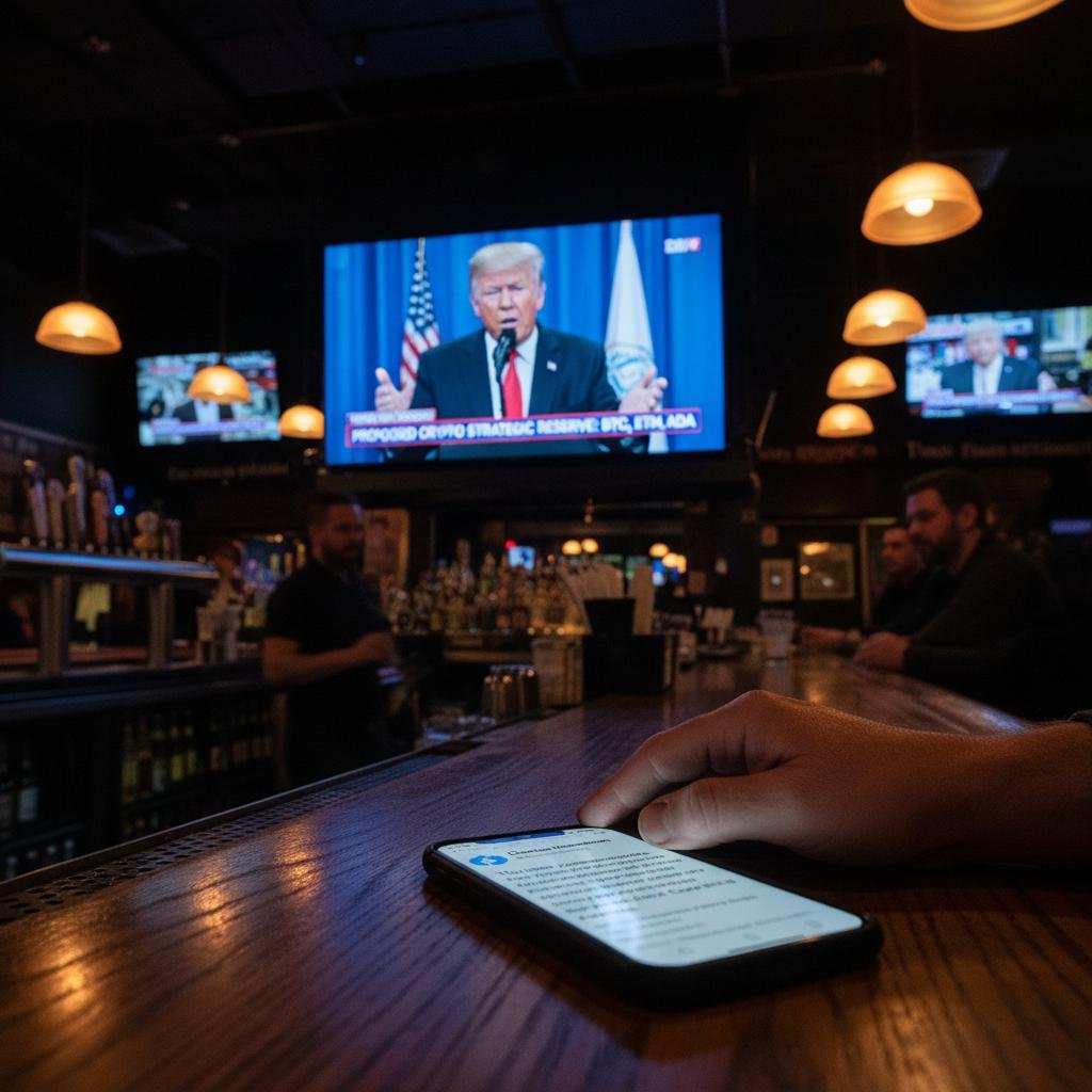 Hand using a smartphone on a bar counter with a news broadcast featuring Donald Trump playing on a large screen.